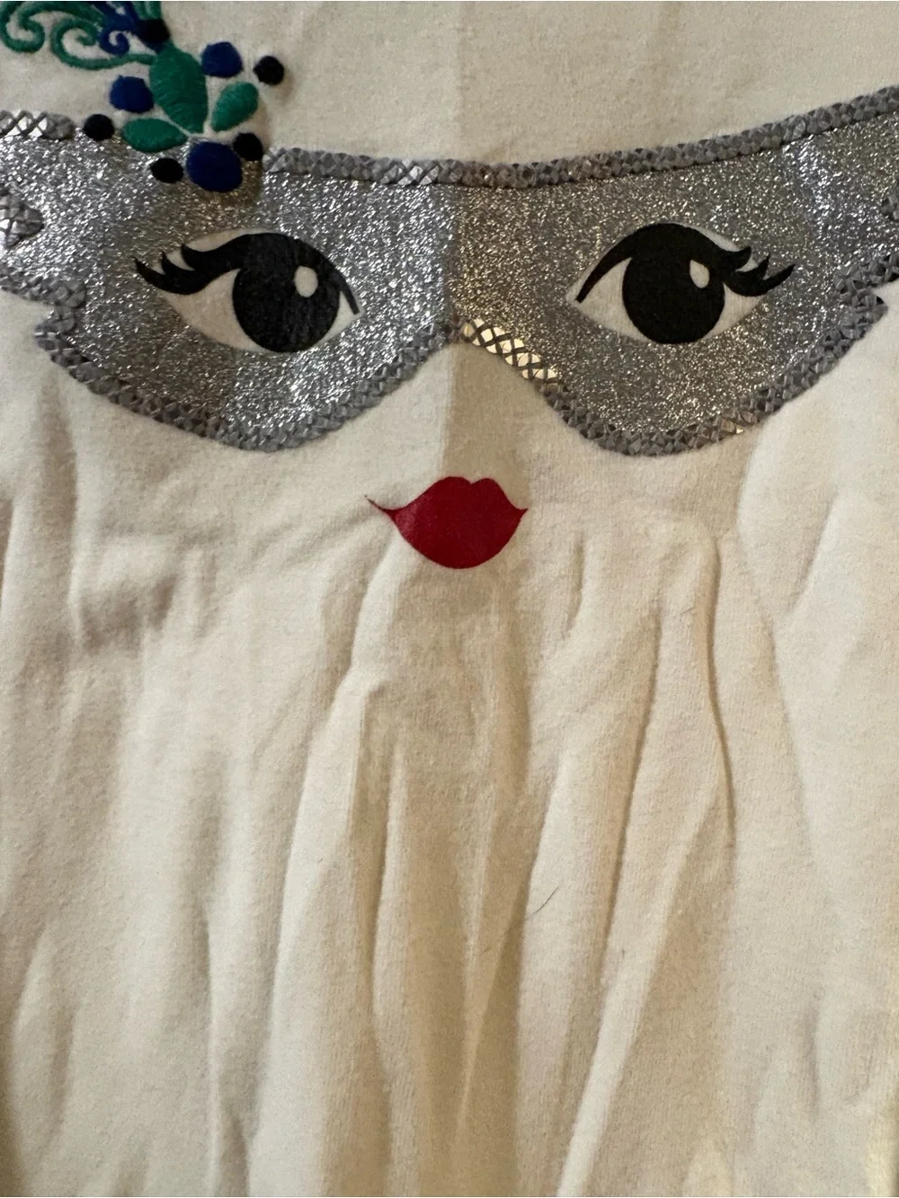 Gymboree White Long Sleeve Mask Face Top with Teal Feather